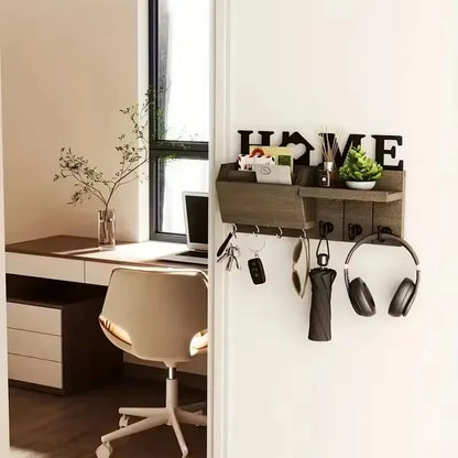 Rustic Wood Wall Organizer – Key & Mail Holder with Hooks & Shelf