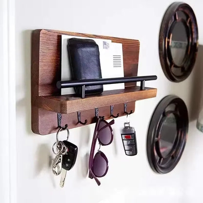 Rustic Wood Wall Organizer – Key & Mail Holder with Hooks & Shelf