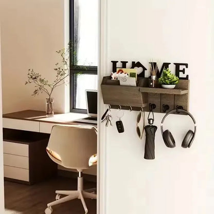 Rustic Wood Wall Organizer – Key & Mail Holder with Hooks & Shelf