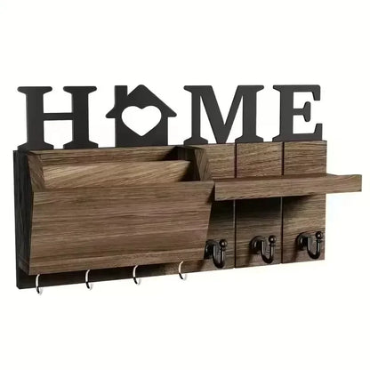 Rustic Wood Wall Organizer – Key & Mail Holder with Hooks & Shelf