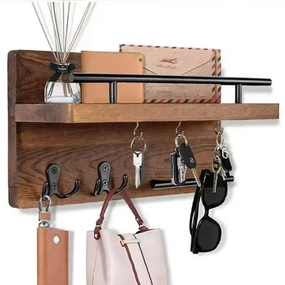 Rustic Wood Wall Organizer – Key & Mail Holder with Hooks & Shelf