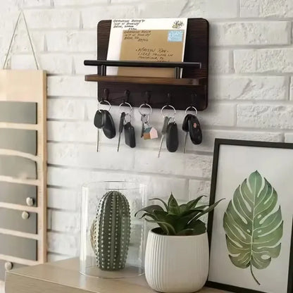 Rustic Wood Wall Organizer – Key & Mail Holder with Hooks & Shelf