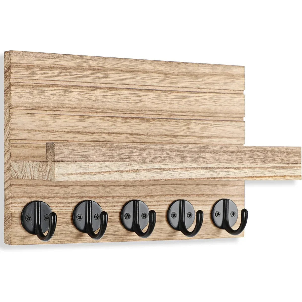 Rustic Wood Wall Organizer – Key & Mail Holder with Hooks & Shelf