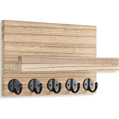 Rustic Wood Wall Organizer – Key & Mail Holder with Hooks & Shelf