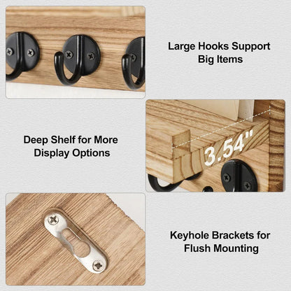 Rustic Wood Wall Organizer – Key & Mail Holder with Hooks & Shelf