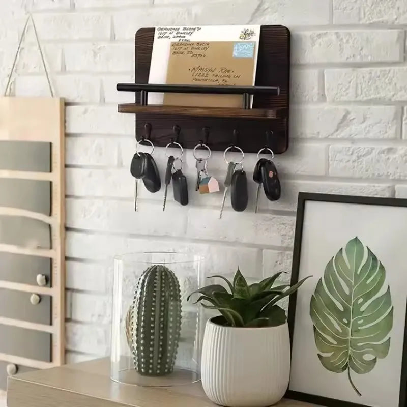 Rustic Wood Wall Organizer – Key & Mail Holder with Hooks & Shelf