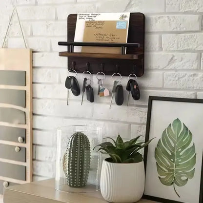 Rustic Wood Wall Organizer – Key & Mail Holder with Hooks & Shelf