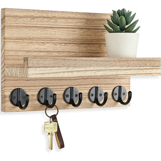 Rustic Wood Wall Organizer – Key & Mail Holder with Hooks & Shelf