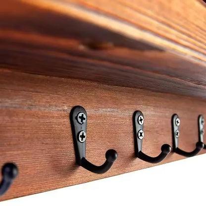 Rustic Wood Wall Organizer – Key & Mail Holder with Hooks & Shelf