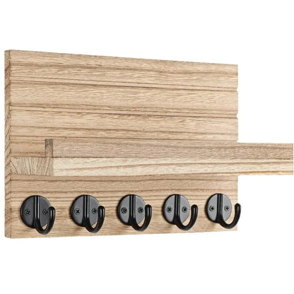 Rustic Wood Wall Organizer – Key & Mail Holder with Hooks & Shelf