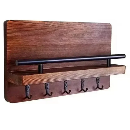 Rustic Wood Wall Organizer – Key & Mail Holder with Hooks & Shelf
