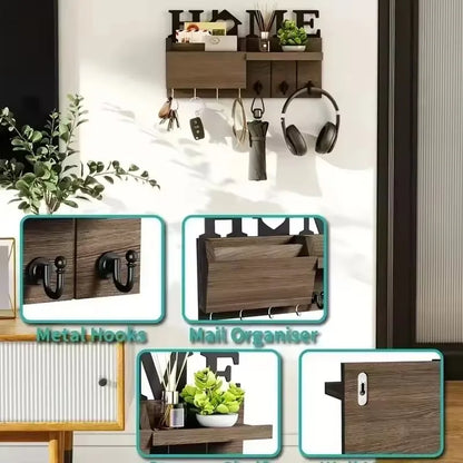 Rustic Wood Wall Organizer – Key & Mail Holder with Hooks & Shelf