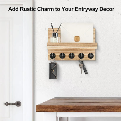 Rustic Wood Wall Organizer – Key & Mail Holder with Hooks & Shelf