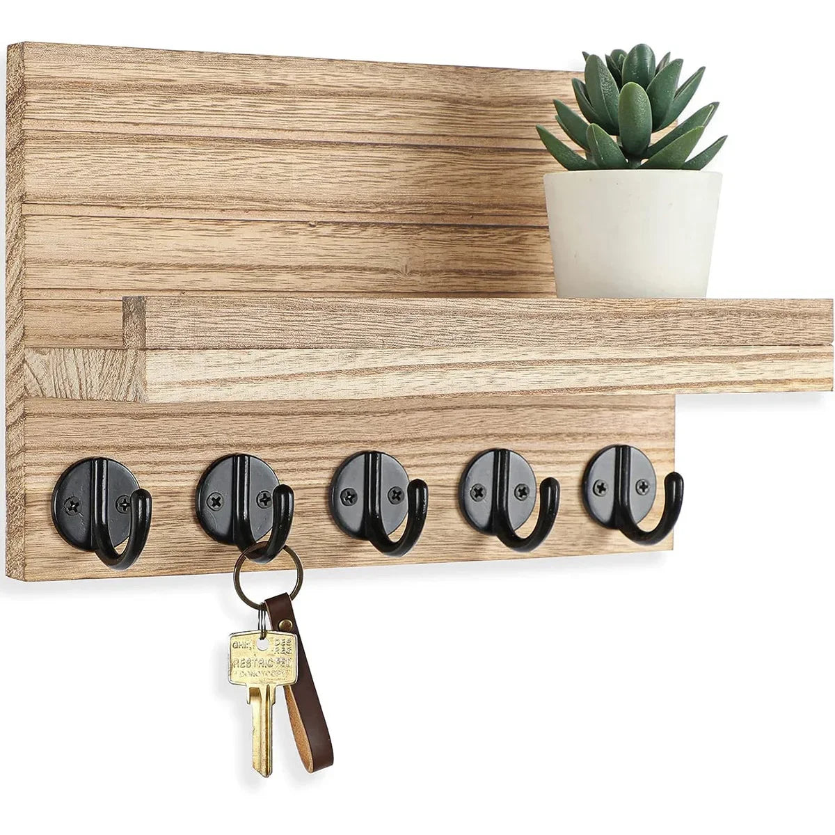 Rustic Wood Wall Organizer – Key & Mail Holder with Hooks & Shelf
