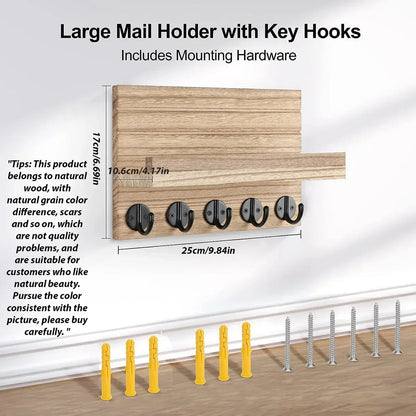 Rustic Wood Wall Organizer – Key & Mail Holder with Hooks & Shelf