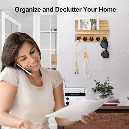 Rustic Wood Wall Organizer – Key & Mail Holder with Hooks & Shelf